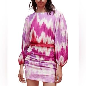 MAJE NWT ‘Ritie’ Tie And Dye Printed Open Back Dress, Pink/Purple/Cream, Size 34